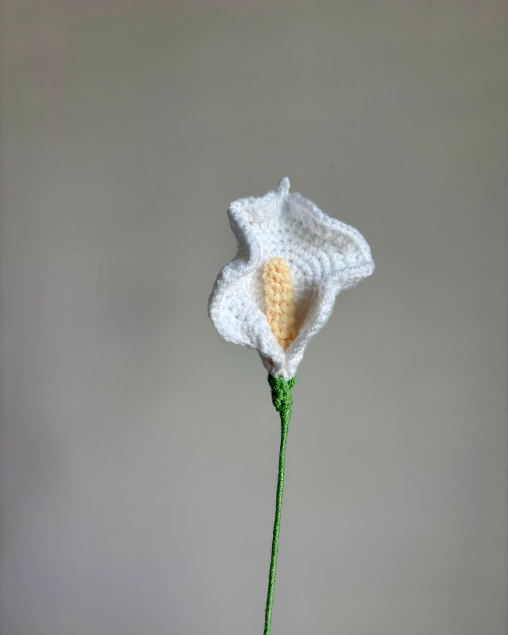 crocheted white calla lily flower with green stem on a plain background